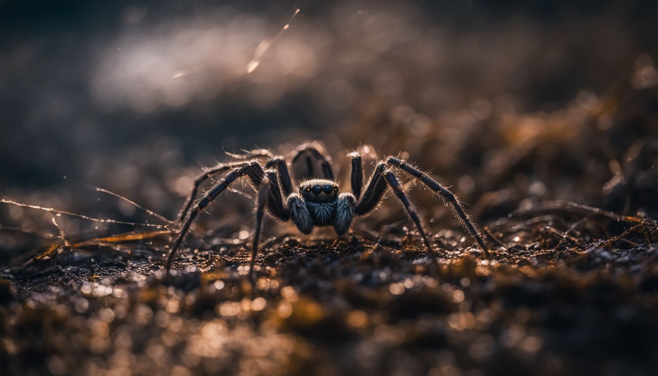 A close-up of spider waste next to a spider web in a dark, damp environment. A close-up of spider waste next to a spider web in a dark, damp environment.