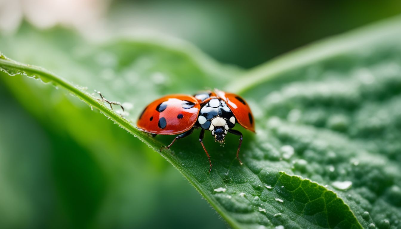 A close-up photo of a ladybug surrounded by aphids on a leaf. A close-up photo of a ladybug surrounded by aphids on a leaf.