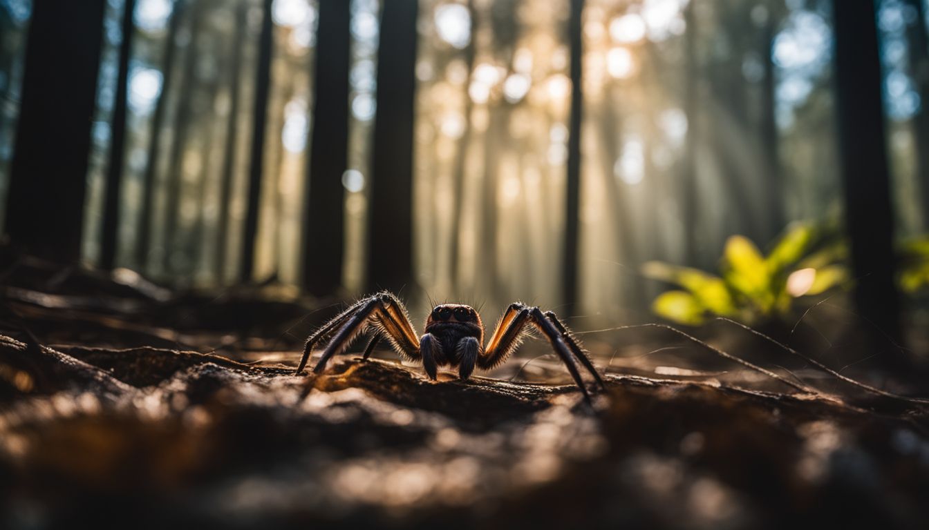 A spider crawls on a web in a forest, captured in wildlife photography. A spider crawls on a web in a forest, captured in wildlife photography.