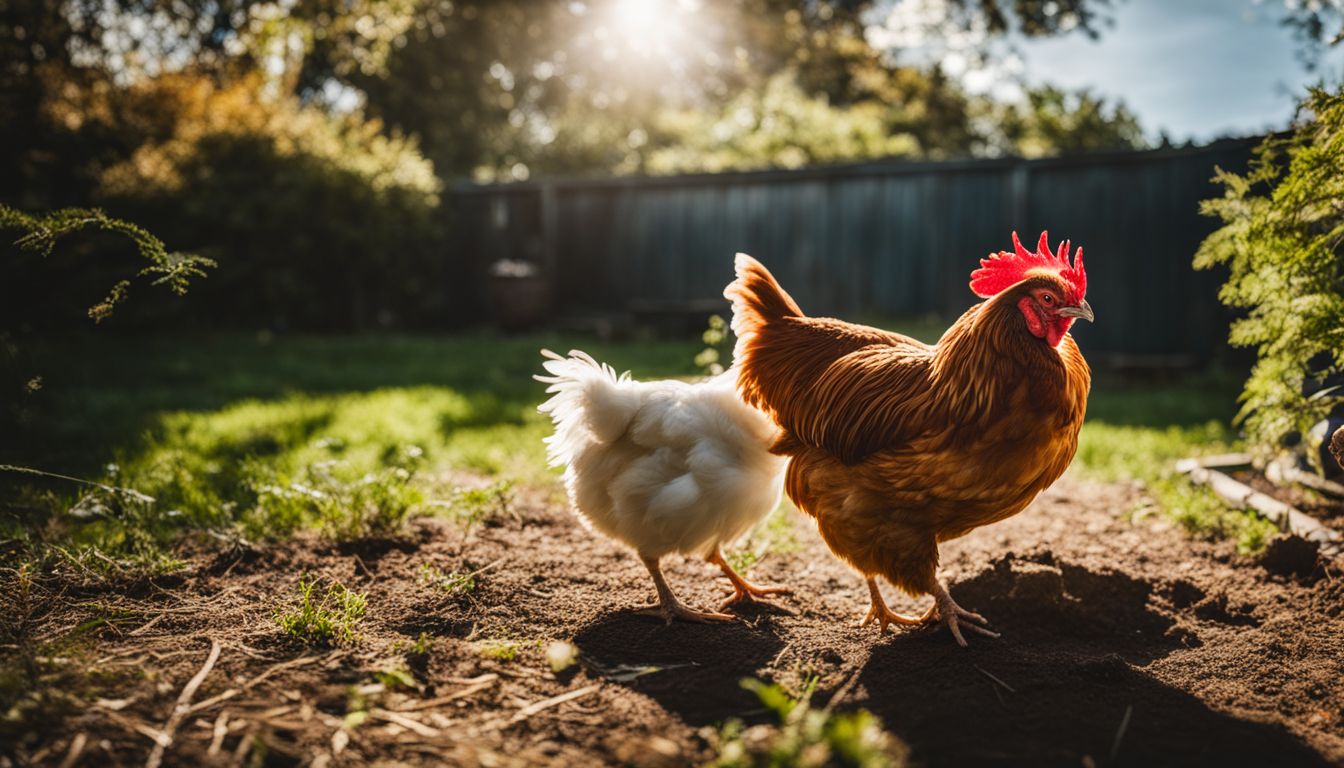 A chicken pecks at a spider in a backyard garden.