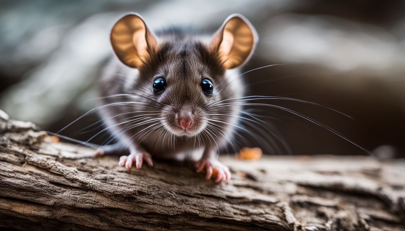 A mouse peeking out from its hiding spot with a spider web in the background.