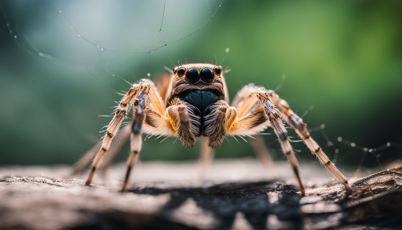 A close-up photo of a spider in its web wearing its exoskeleton. A close-up photo of a spider in its web wearing its exoskeleton.