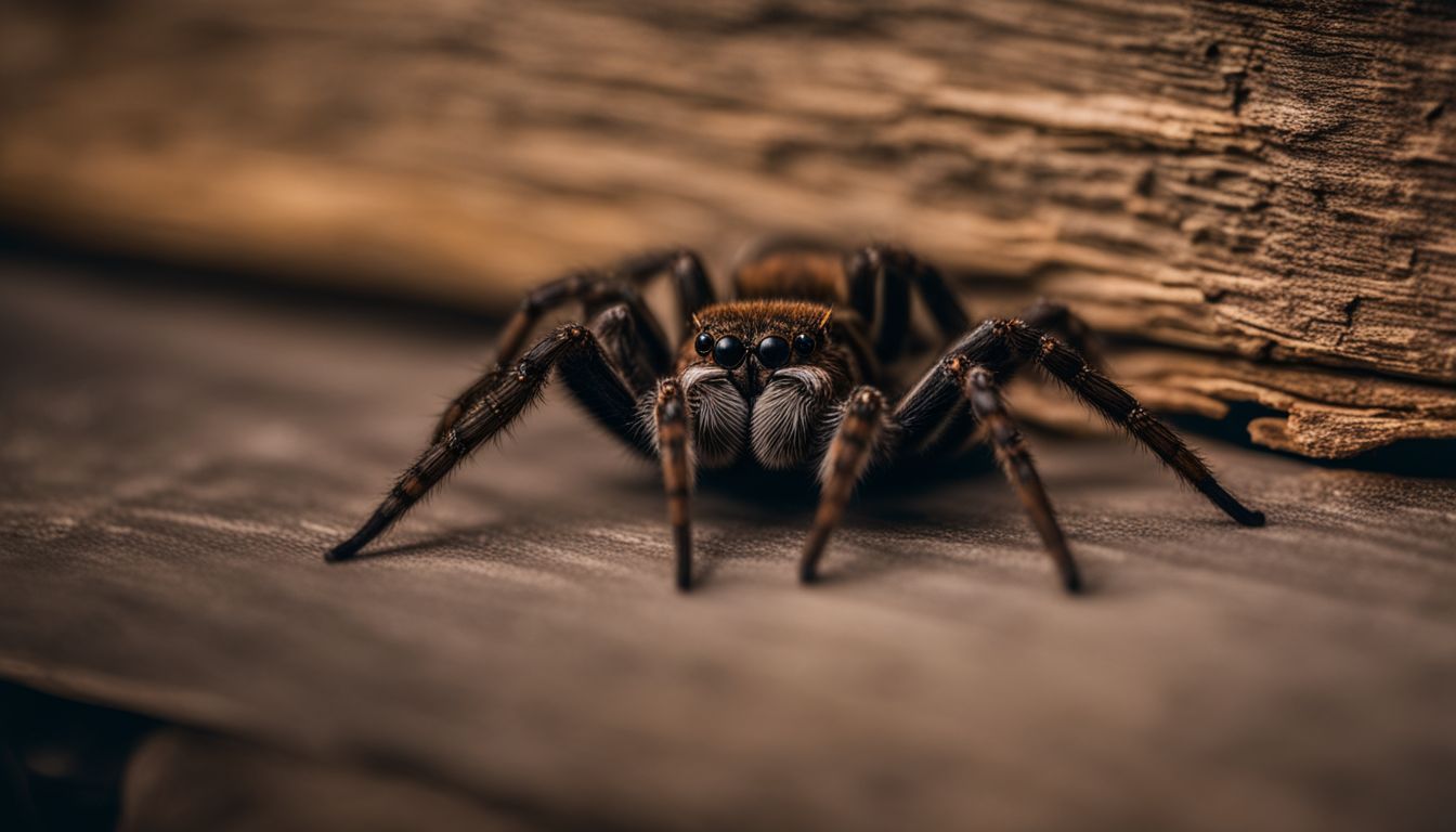 A wolf spider lurking in a dimly lit room.