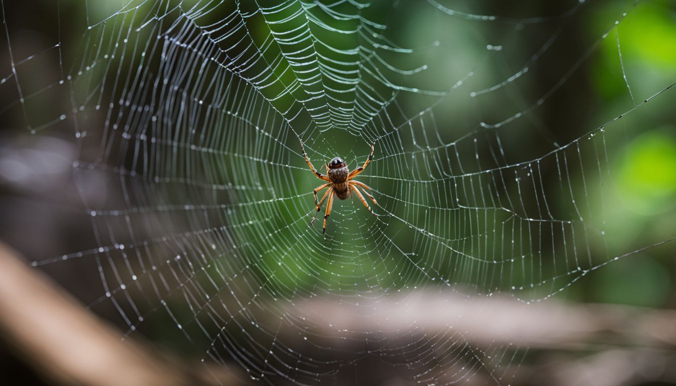 A spider weaving its web in a dense forest captured in a wildlife photograph. A spider weaving its web in a dense forest captured in a wildlife photograph.