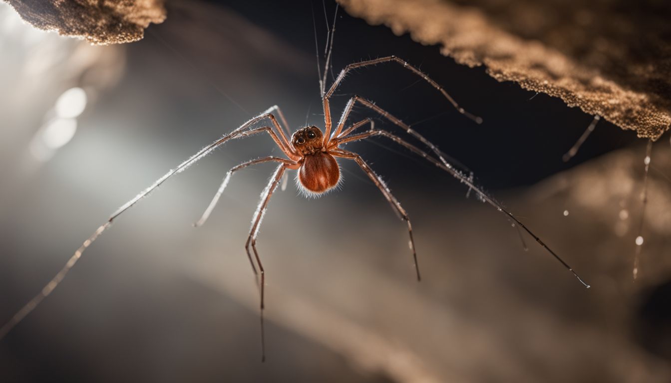 A cellar spider hanging in a dusty basement corner.