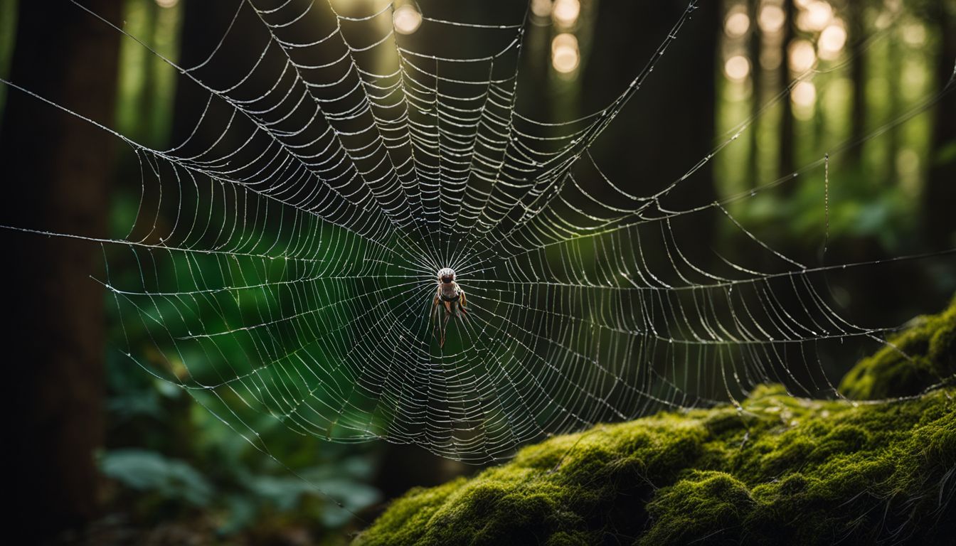 A spider weaving a delicate web in a mystical forest. A spider weaving a delicate web in a mystical forest.