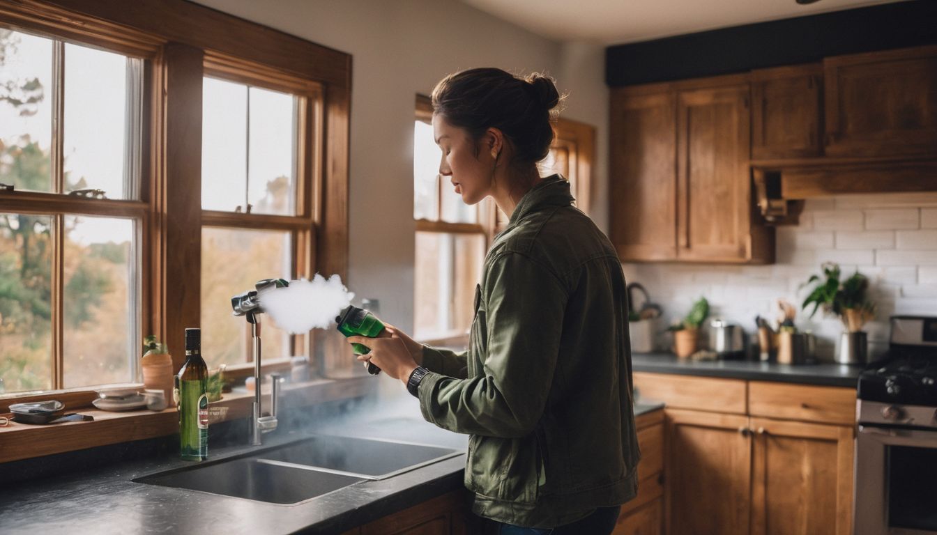 A person spraying rubbing alcohol around their home for disinfection.