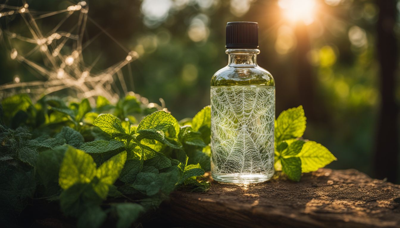 A bottle of essential oils surrounded by spider webs in nature. A bottle of essential oils surrounded by spider webs in nature.