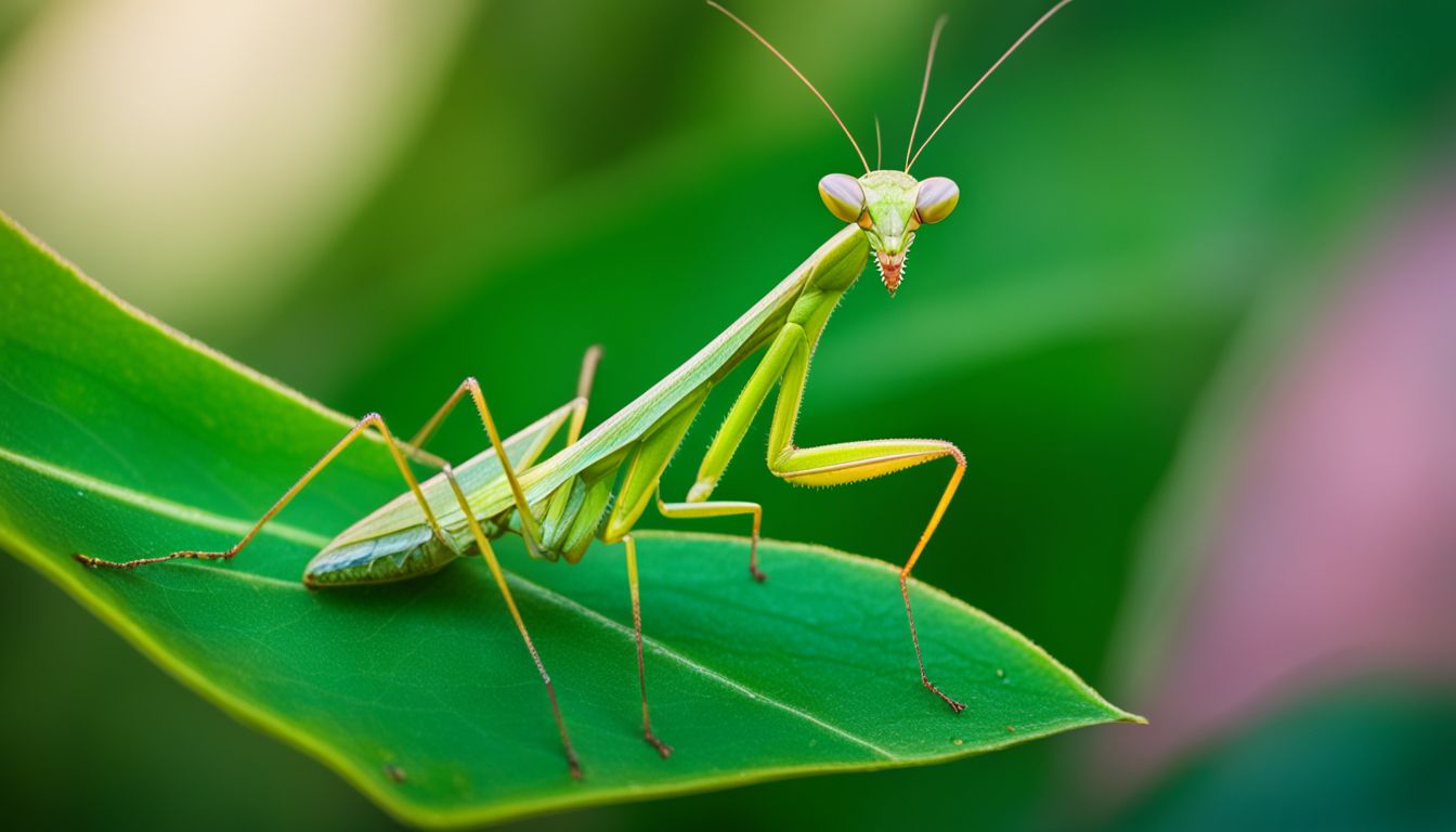A praying mantis perched on a green leaf in a garden. A praying mantis perched on a green leaf in a garden.