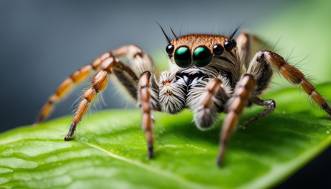 A jumping spider hunts a fly on a vibrant green leaf. A jumping spider hunts a fly on a vibrant green leaf.