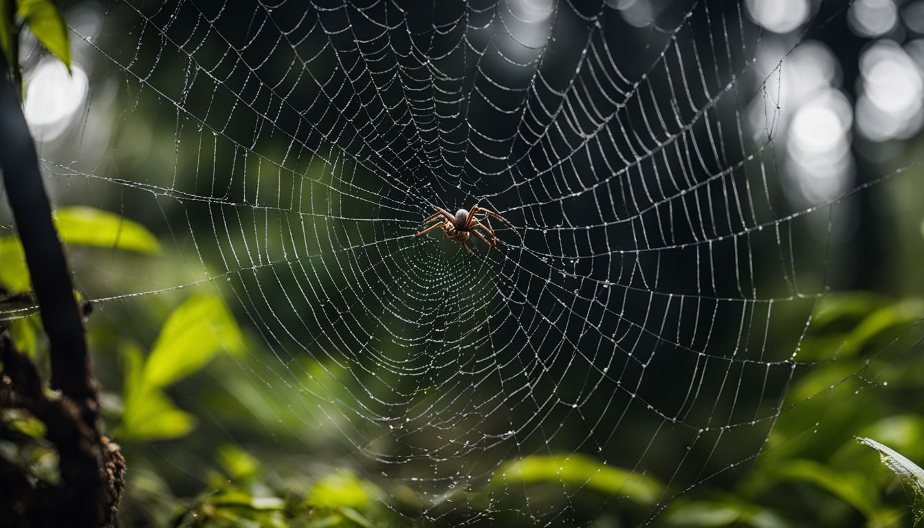 A spider weaving its intricate web in a dark forest.