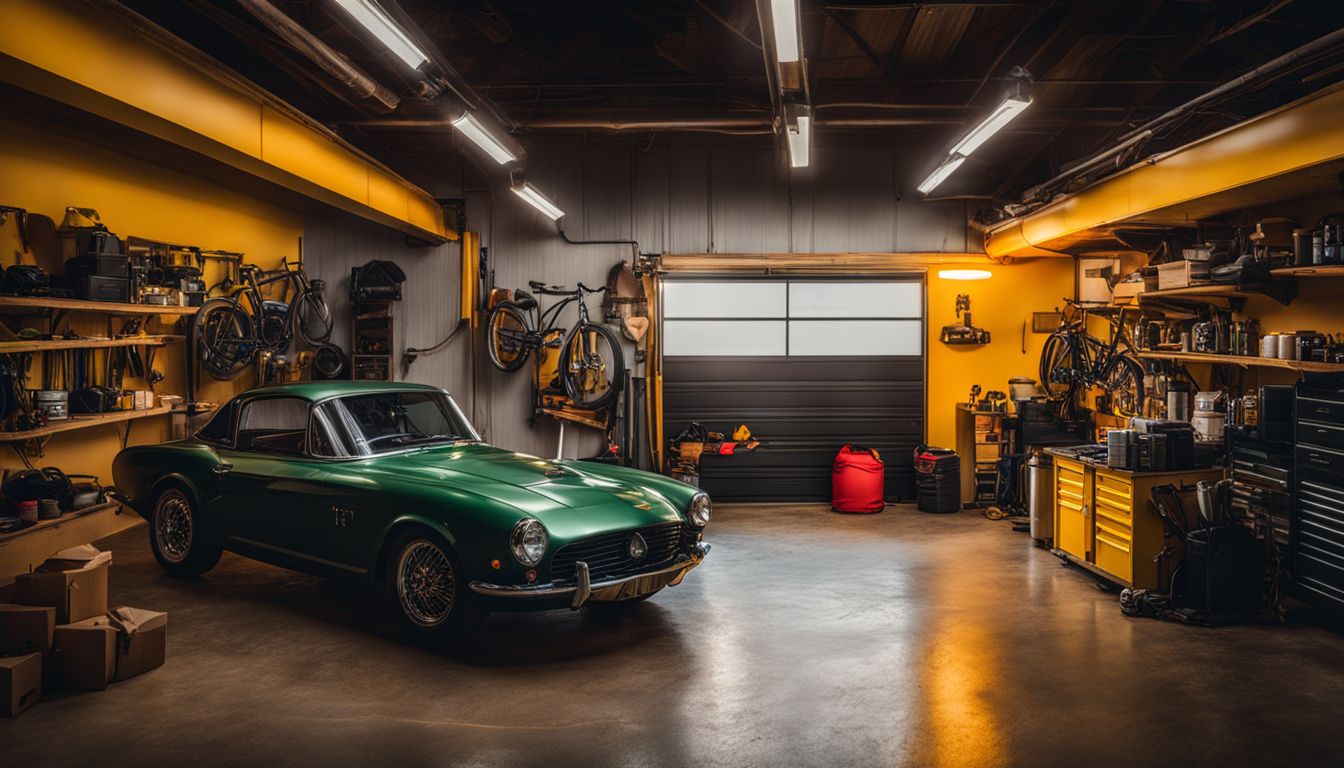 A diverse group of people with different hairstyles and outfits in a garage.