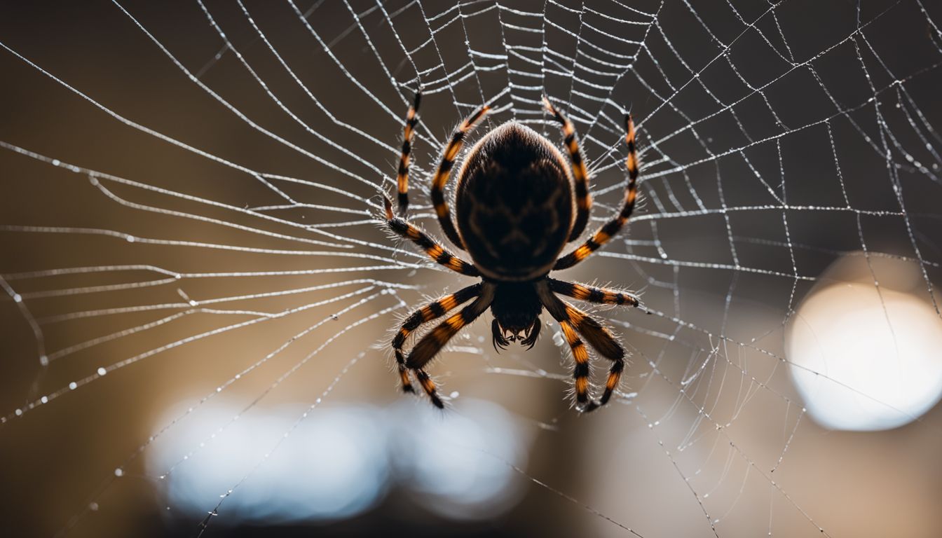 A spider weaving a web in a room with various nature photography.