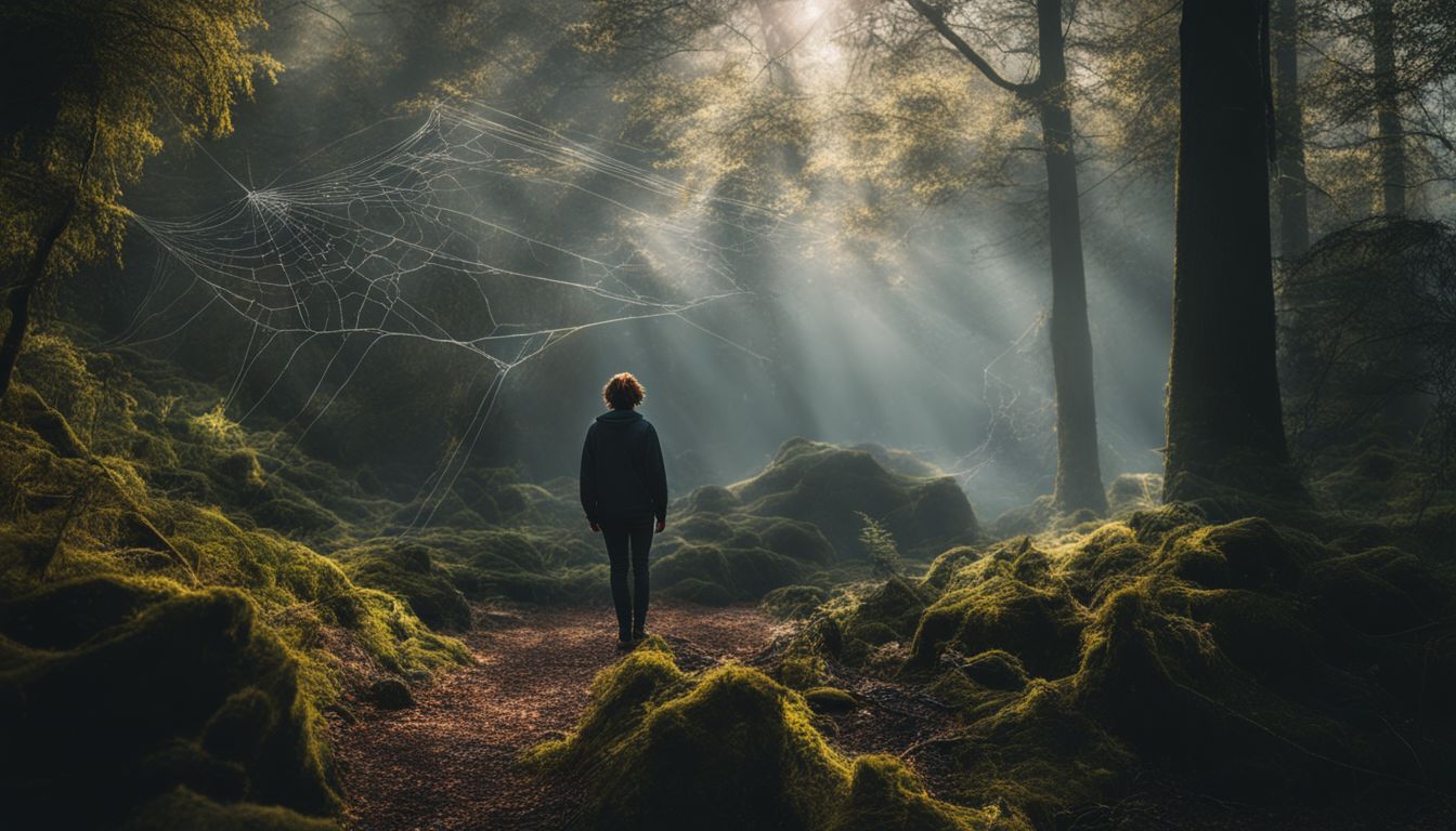 A person standing in a mystical forest surrounded by spider webs. A person standing in a mystical forest surrounded by spider webs.