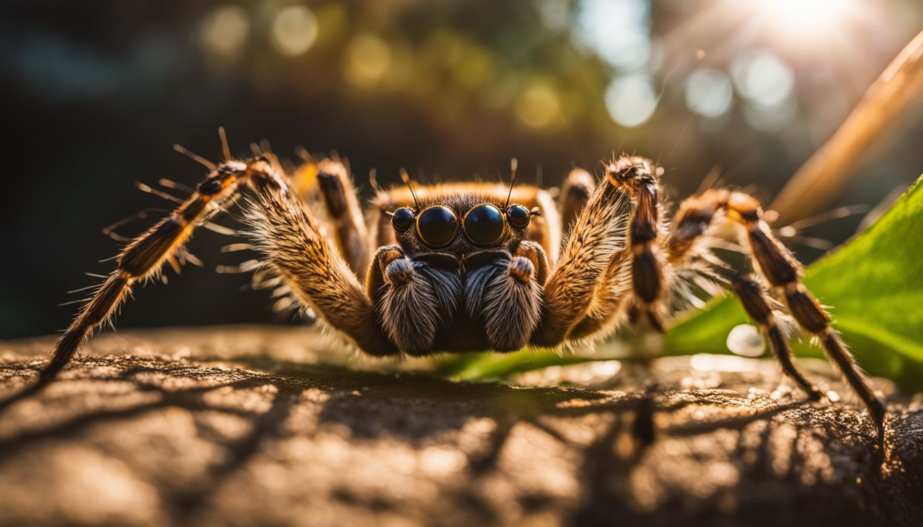 A giant spider rests on a patterned web in a sunlit garden. A giant spider rests on a patterned web in a sunlit garden.