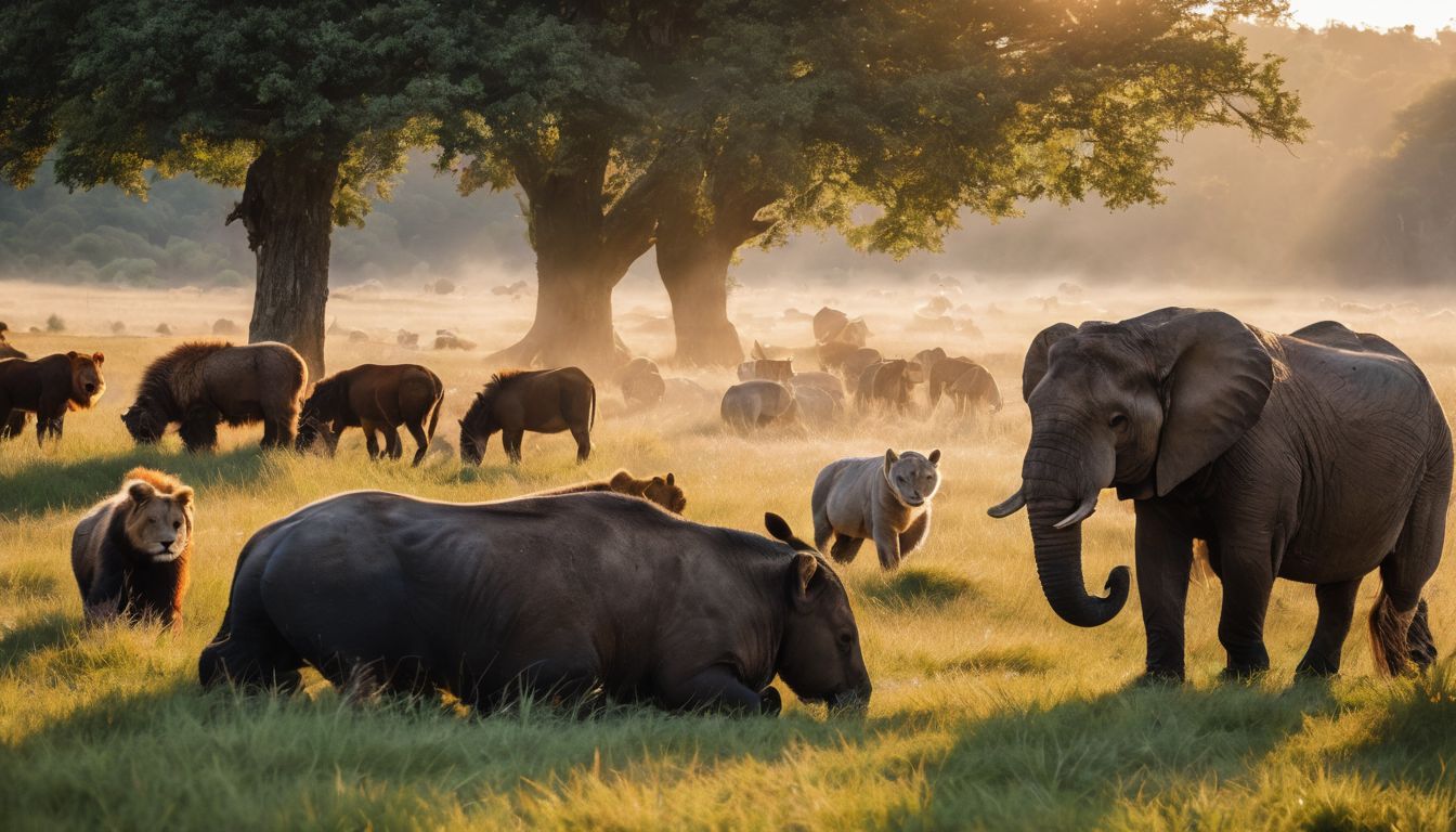 A diverse group of animals in a field releasing gas. A diverse group of animals in a field releasing gas.