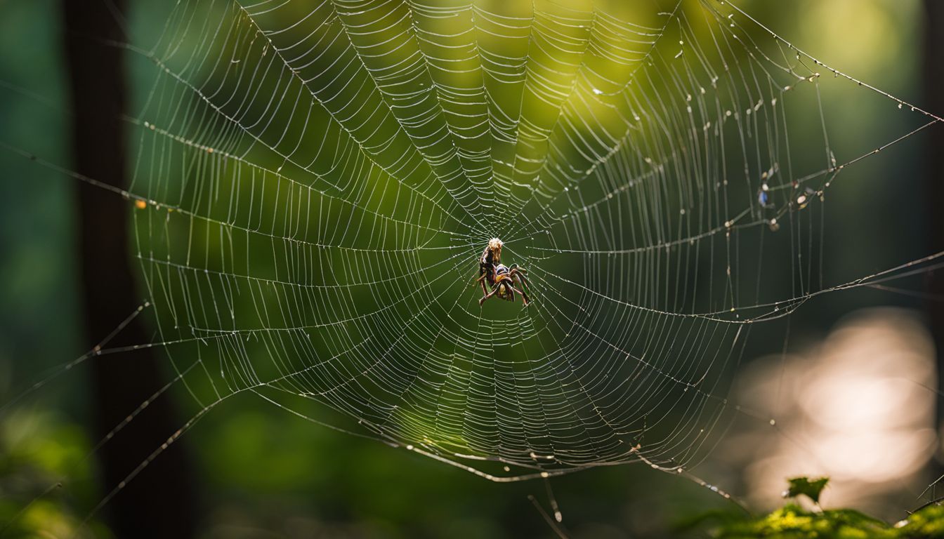 A spider spinning its intricate web in a forest clearing. A spider spinning its intricate web in a forest clearing.