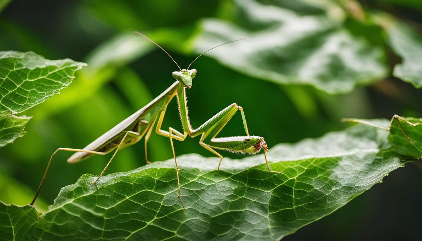 A praying mantis camouflaged on a leaf, ready to ambush its prey. A praying mantis camouflaged on a leaf, ready to ambush its prey.