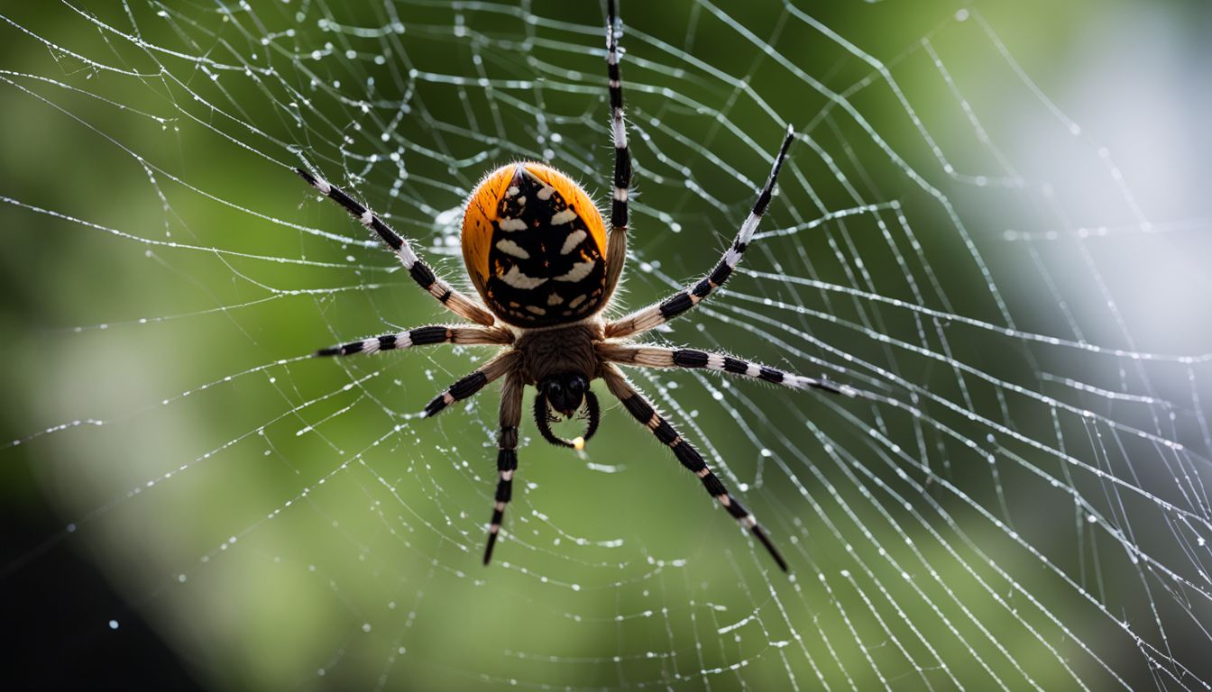 A spider hanging on a web in a dark and natural outdoor environment.