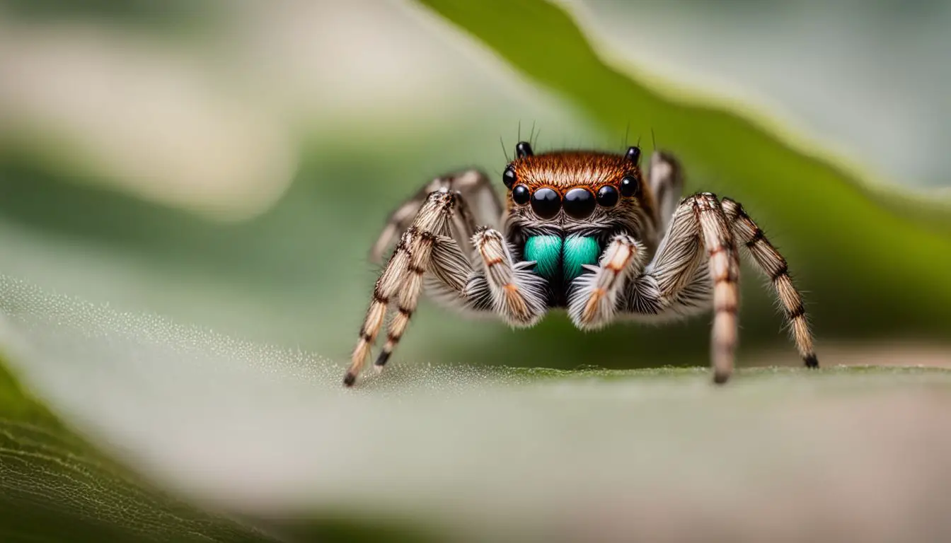 A jumping spider on a leaf surrounded by web strands.