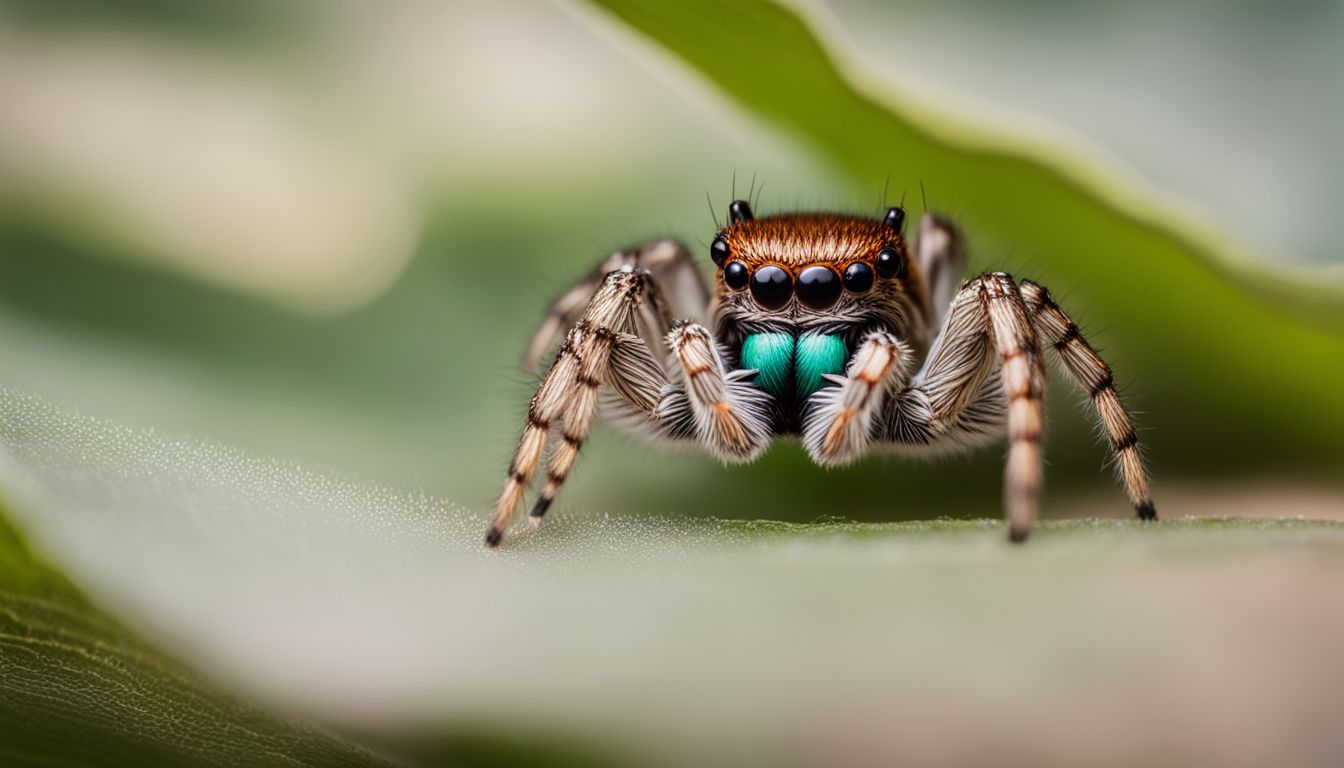 A jumping spider on a leaf surrounded by web strands.