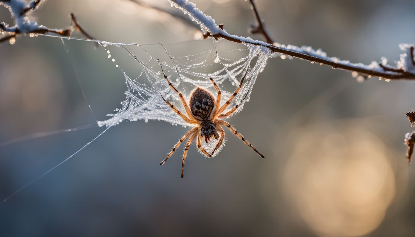 A spider wrapped in silk suspended from a frozen tree branch. A spider wrapped in silk suspended from a frozen tree branch.