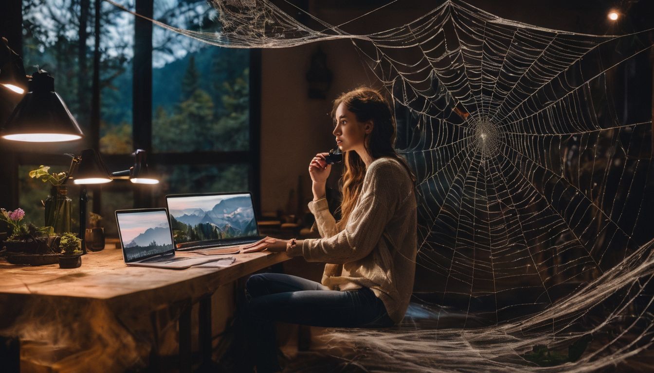 A person surrounded by spider webs in a dimly lit room. A person surrounded by spider webs in a dimly lit room.