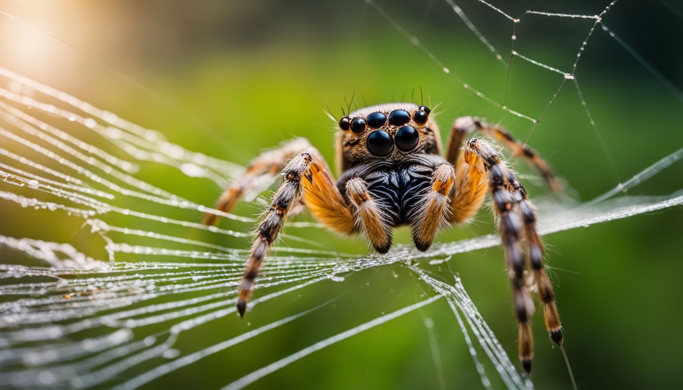 A spider weaving a web in a garden surrounded by insects.