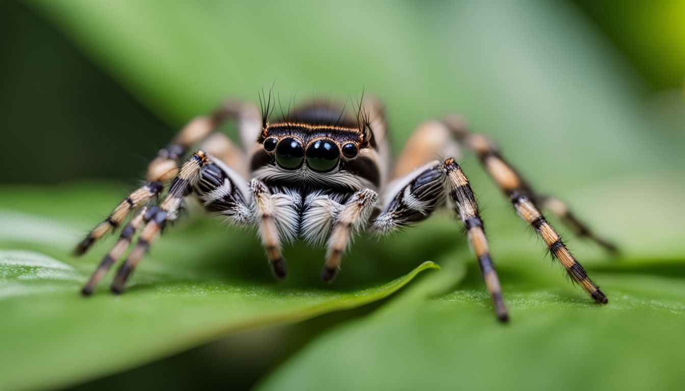 A zebra spider perched on a leaf in a lush garden. A zebra spider perched on a leaf in a lush garden.