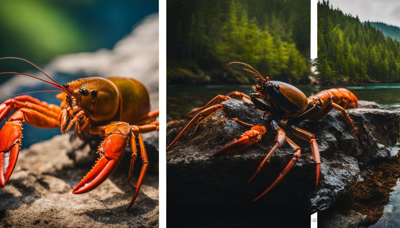 A close-up photo of a lobster and a spider in their natural habitats.