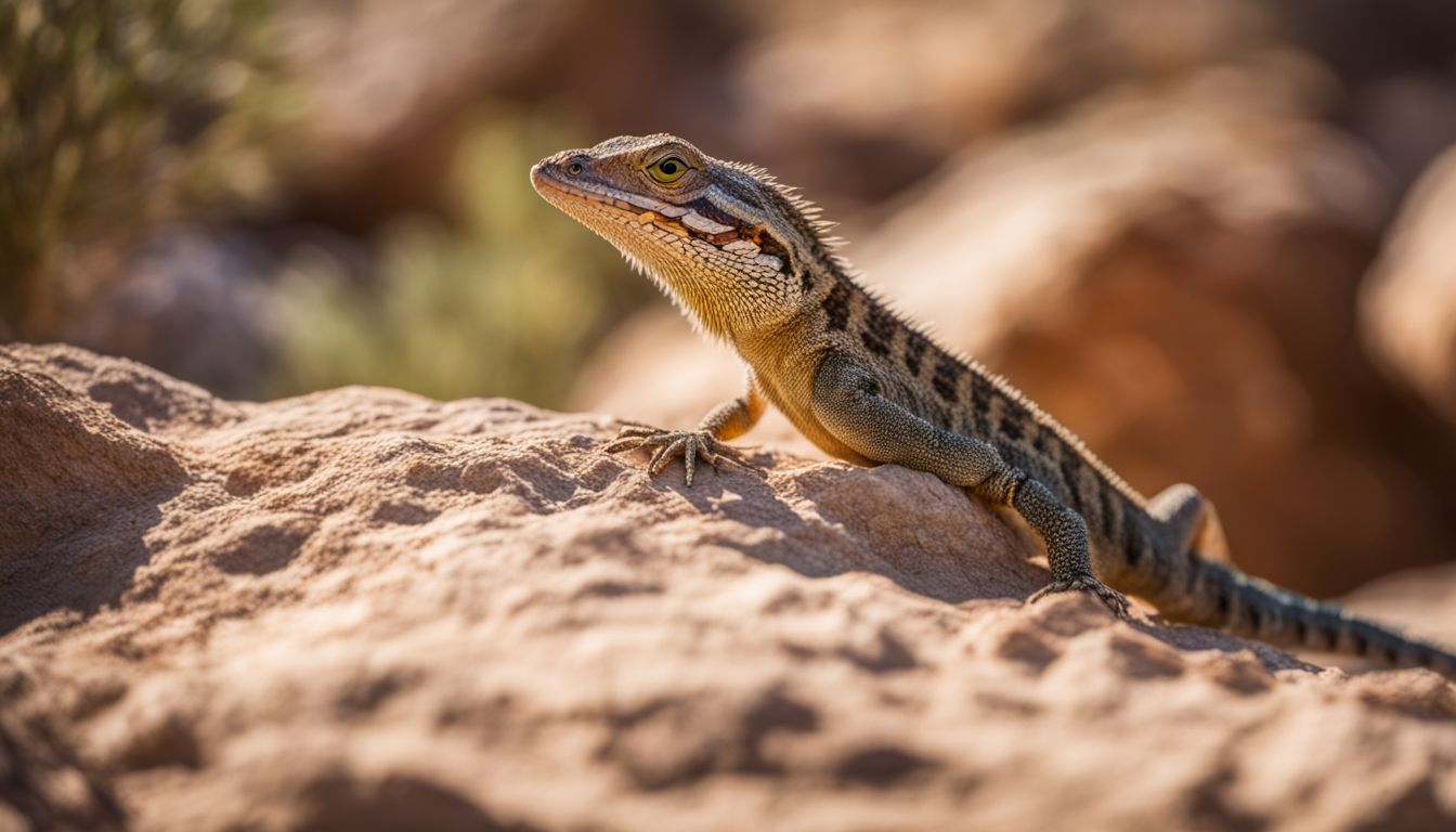 A lizard sunbathes on a rock in a desert environment. A lizard sunbathes on a rock in a desert environment.