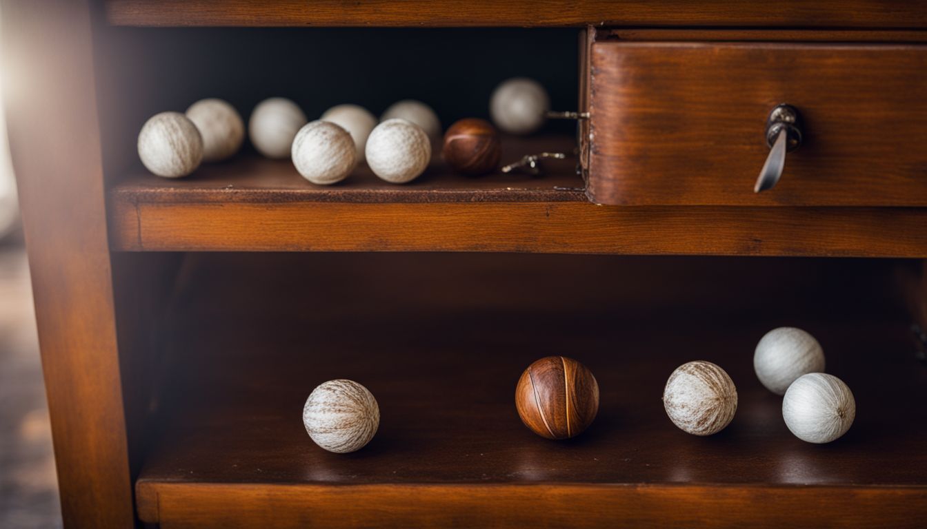A close-up of mothballs in an old wardrobe surrounded by clothes. A close-up of mothballs in an old wardrobe surrounded by clothes.