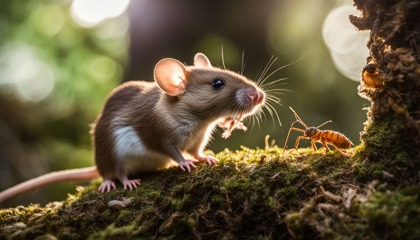 A curious mouse nibbling on insects and spiders in outdoor environment.