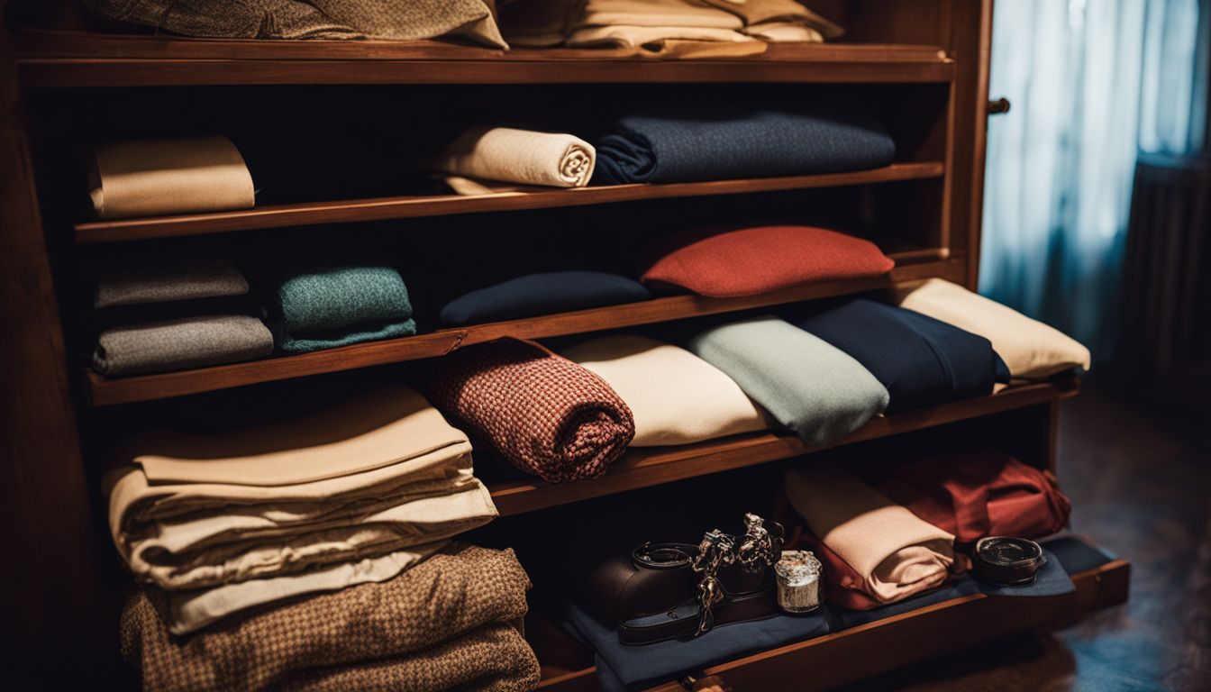 A stack of mothballs surrounded by vintage clothing in a closet.