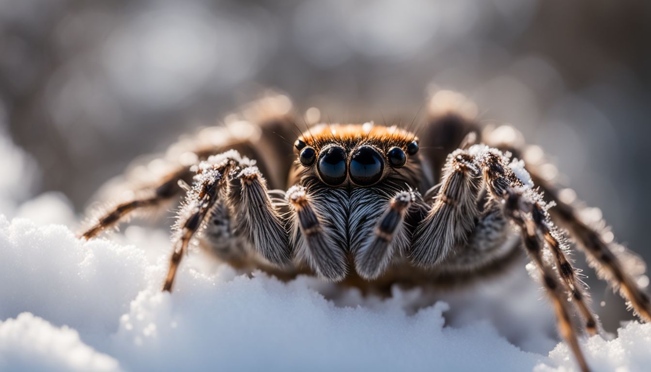 A spider in winter habitat surrounded by snow and cold. A spider in winter habitat surrounded by snow and cold.