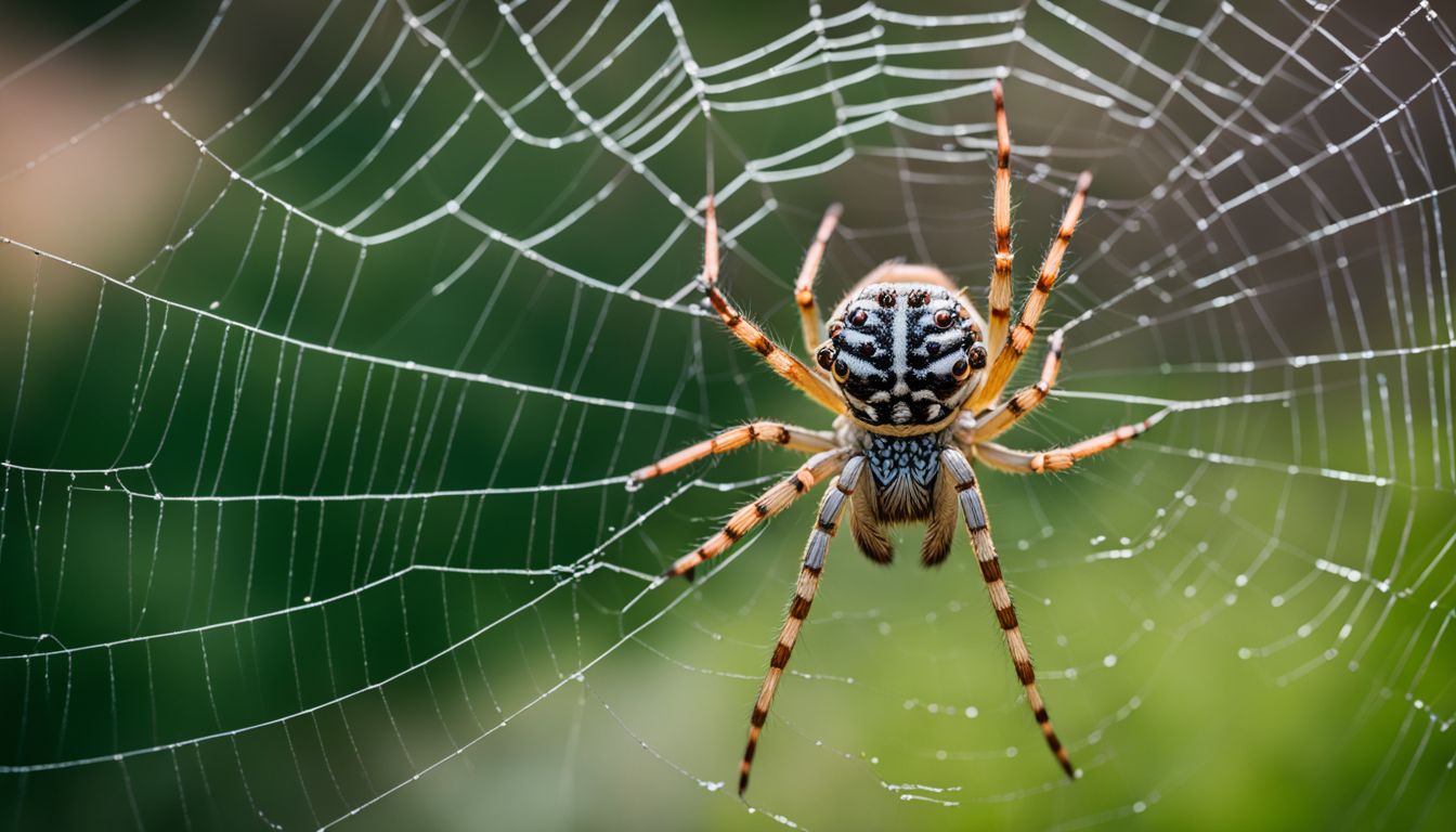 A close-up photo of a spider's chelicerae and fangs in a web. A close-up photo of a spider's chelicerae and fangs in a web.