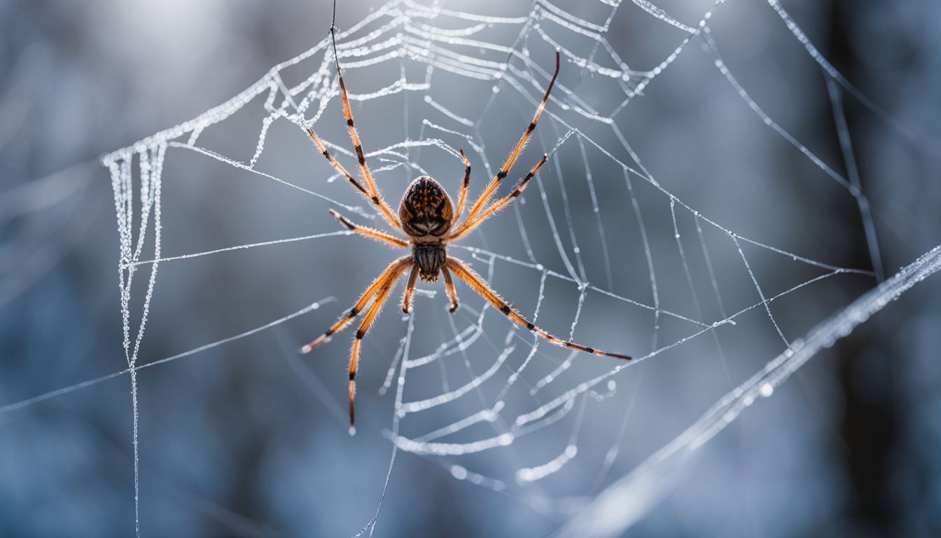 A spider weaving a web in a frost-covered forest. A spider weaving a web in a frost-covered forest.