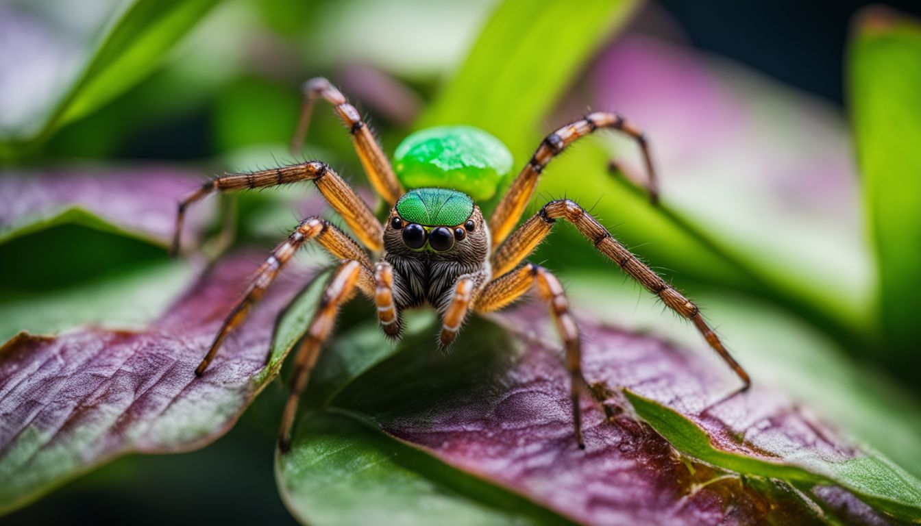 A close-up photo of a spider on a vibrant green leaf.
