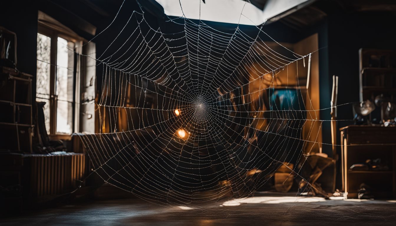 A spiderweb in a cluttered corner of a house.