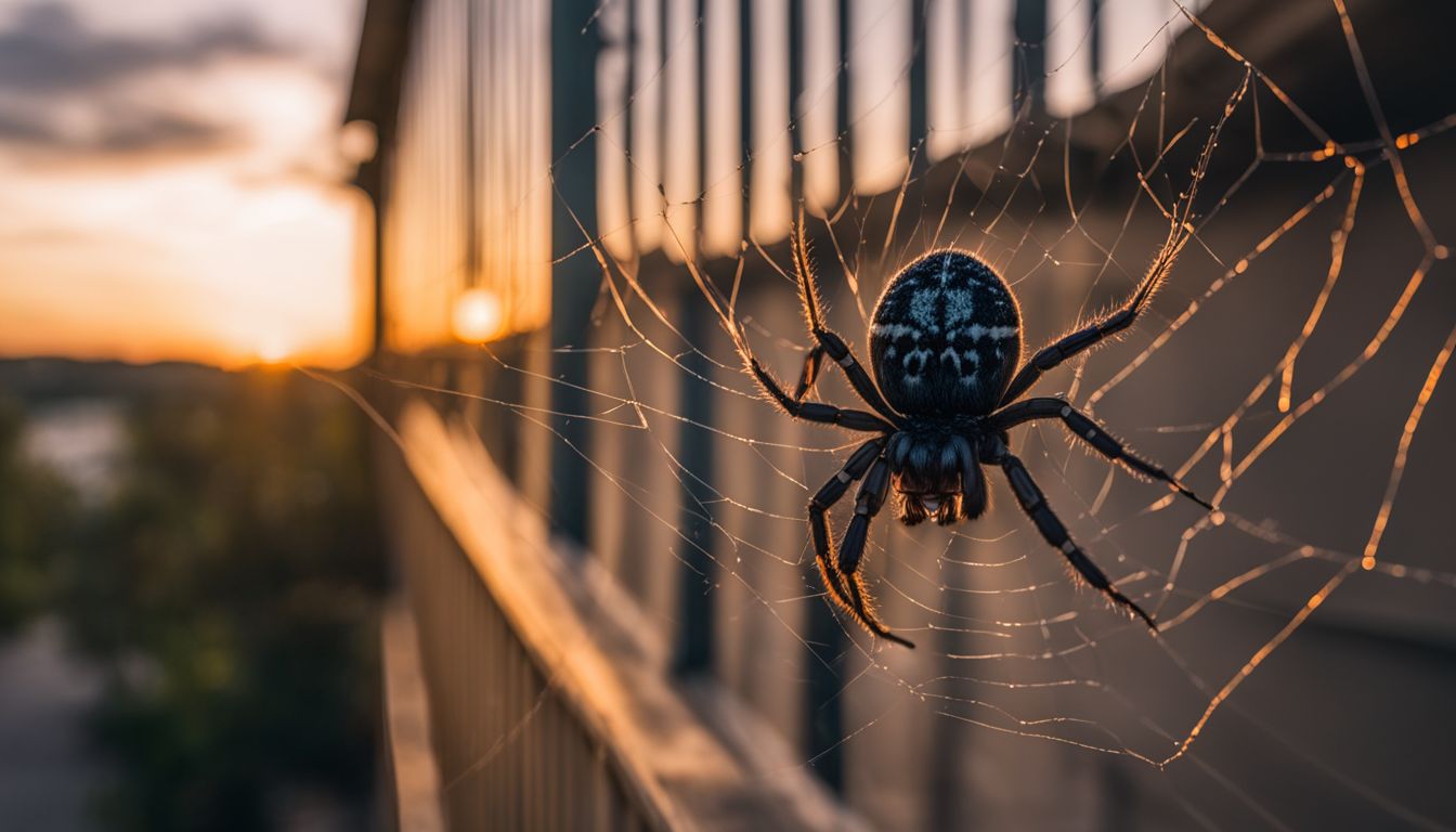 A spider weaving a web on a porch at dusk. A spider weaving a web on a porch at dusk.