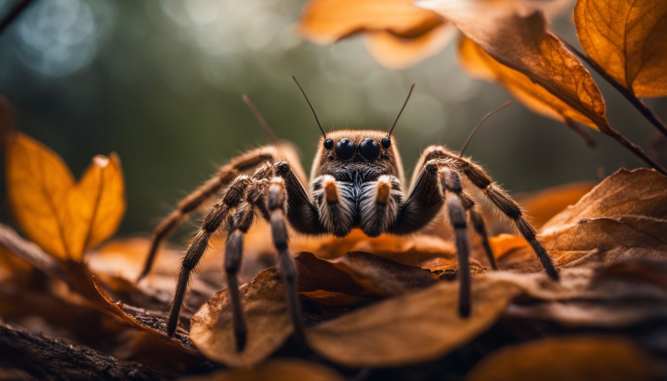A wolf spider in its natural habitat surrounded by leaves and twigs.
