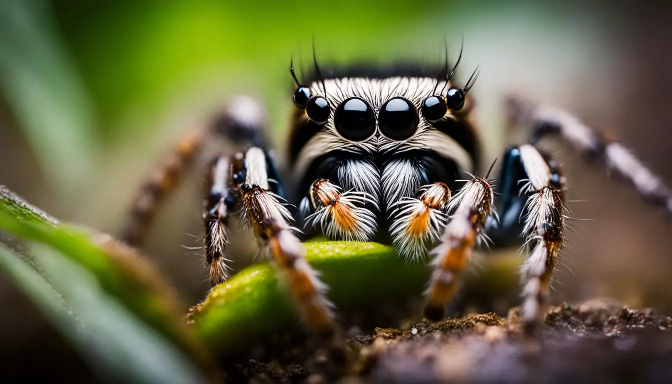 A Jumping Spider exploring a lush terrarium habitat in a nature photography setting.