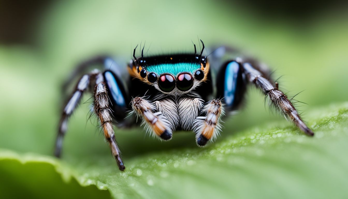 'A jumping spider hunting for insects in a lush garden.' 'A jumping spider hunting for insects in a lush garden.'