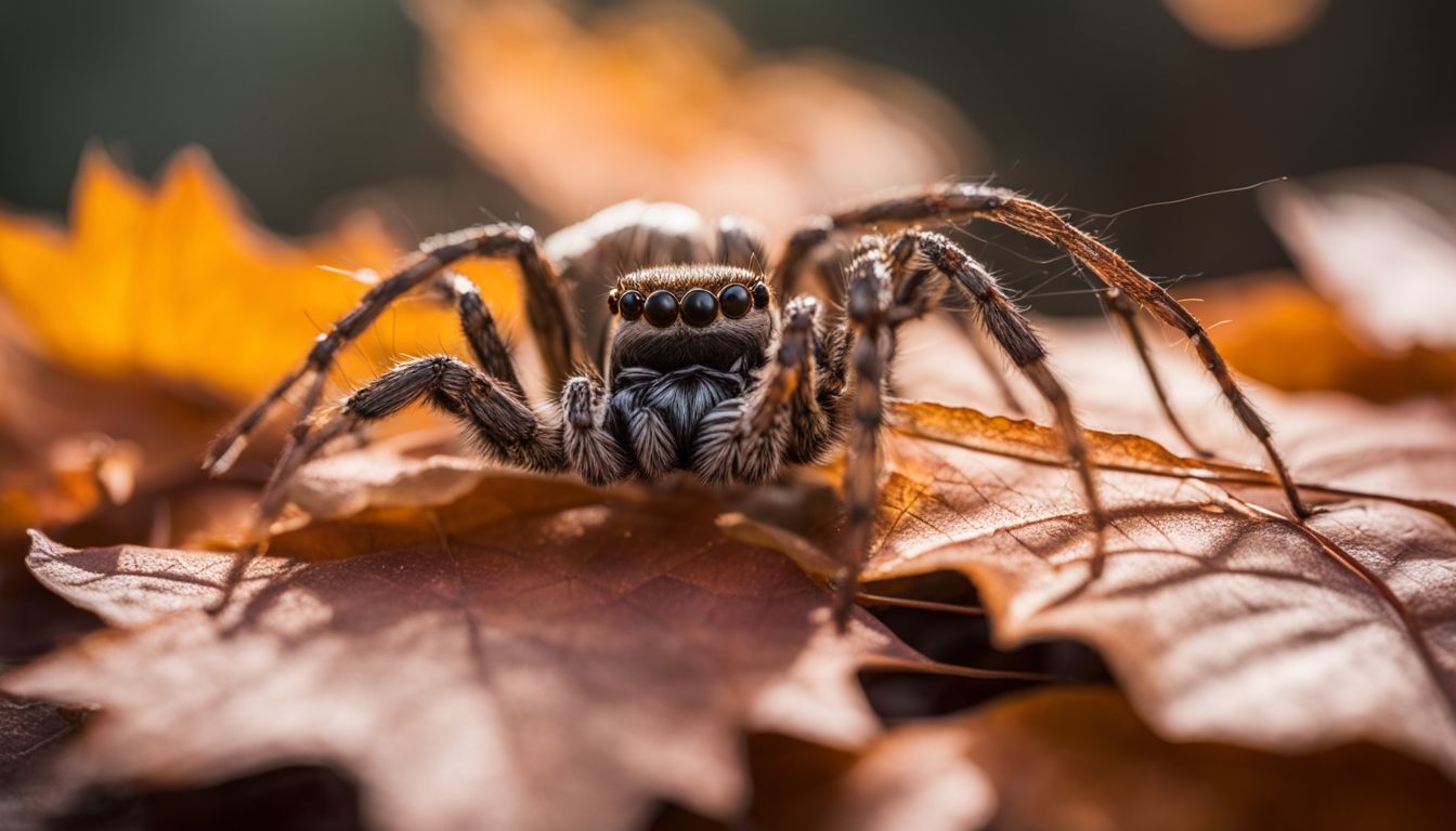 A spider weaves its delicate web among autumn leaves in nature. A spider weaves its delicate web among autumn leaves in nature.