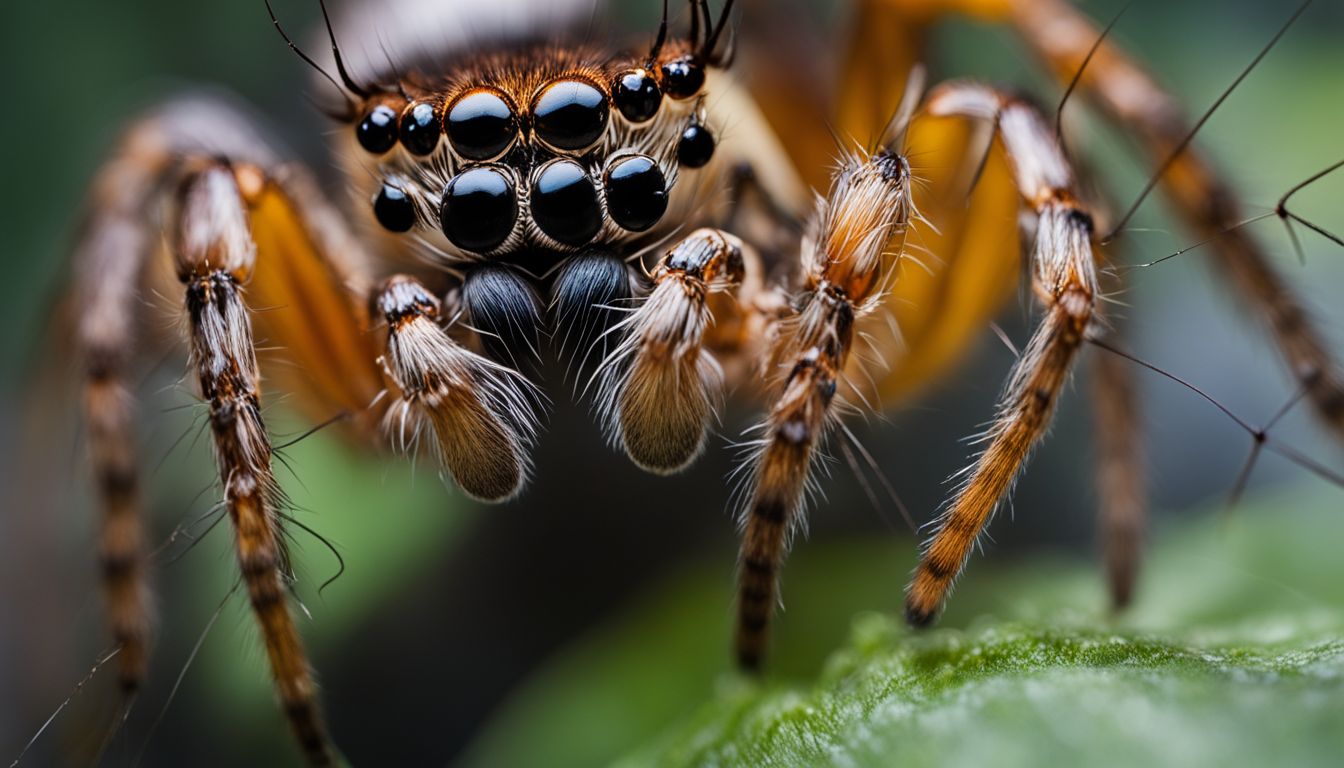 A close-up photo of a spider's legs and pedipalps sensing objects in the air. A close-up photo of a spider's legs and pedipalps sensing objects in the air.