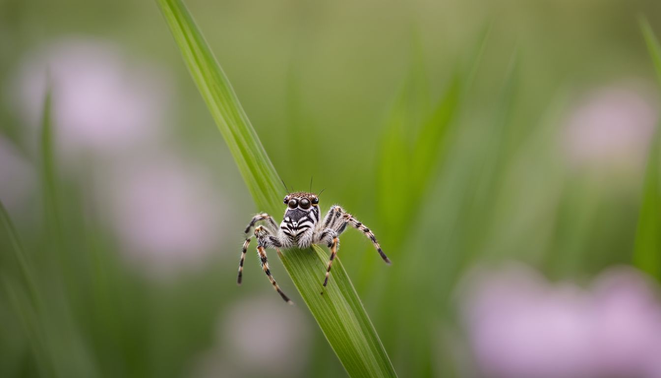 A Zebra spider on a blade of grass in a meadow. A Zebra spider on a blade of grass in a meadow.