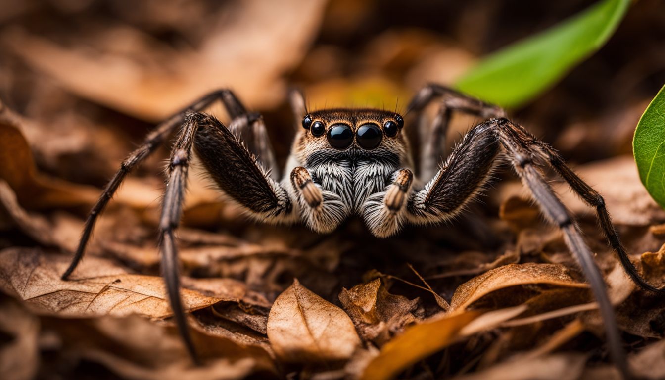 A Wolf Spider in natural habitat, surrounded by leaf litter. A Wolf Spider in natural habitat, surrounded by leaf litter.