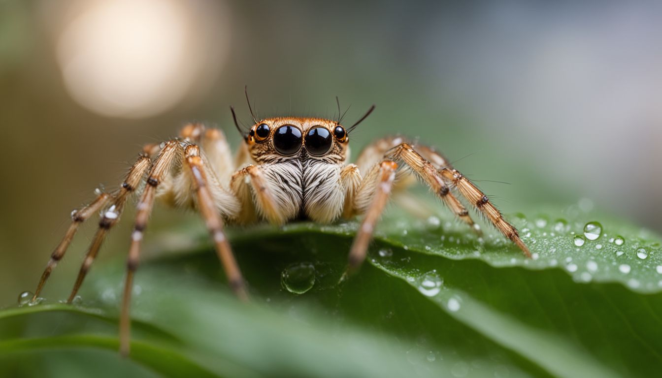 A close-up photo of a spider drinking water from a leaf. A close-up photo of a spider drinking water from a leaf.