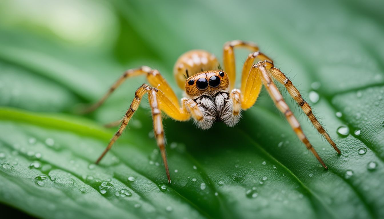 Close-up photo of a spider on a water droplet, with varied people. Close-up photo of a spider on a water droplet, with varied people.