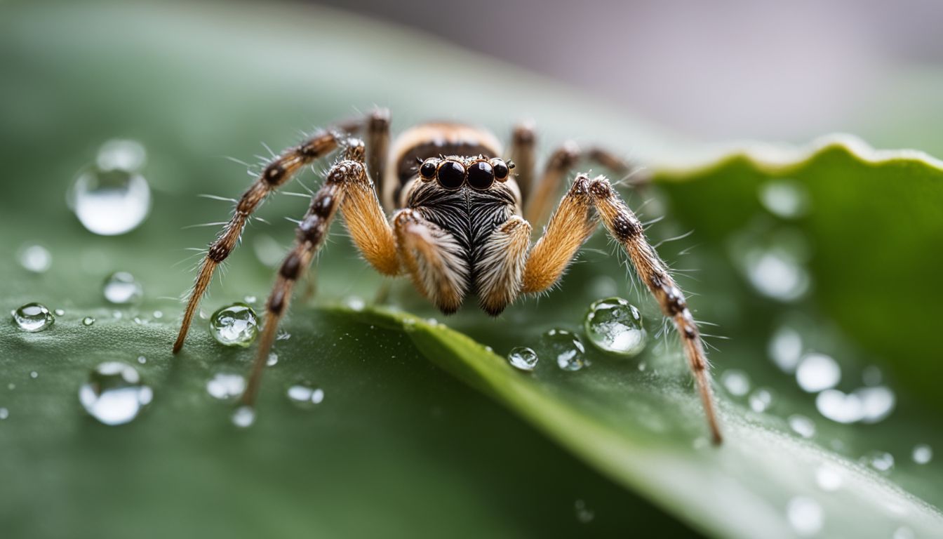 Close-up of a spider drinking water from a leaf, with various elements. Close-up of a spider drinking water from a leaf, with various elements.